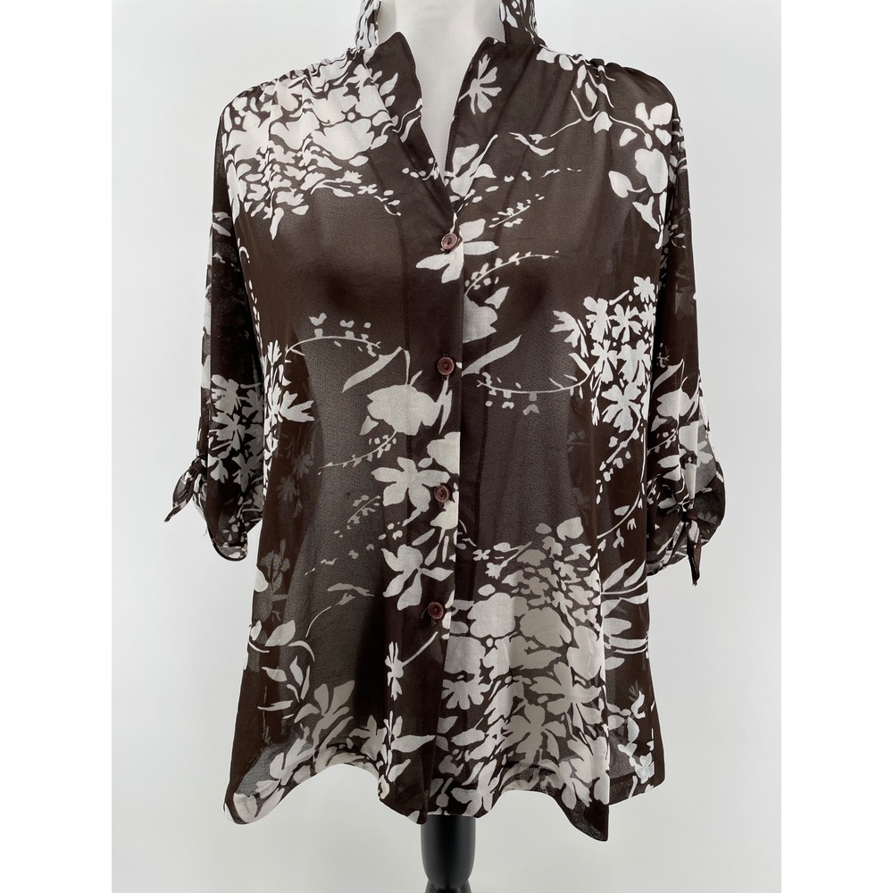 Vintage Teddi of‎ California Floral Top Women Large Brown Sheer Grandma Blouse